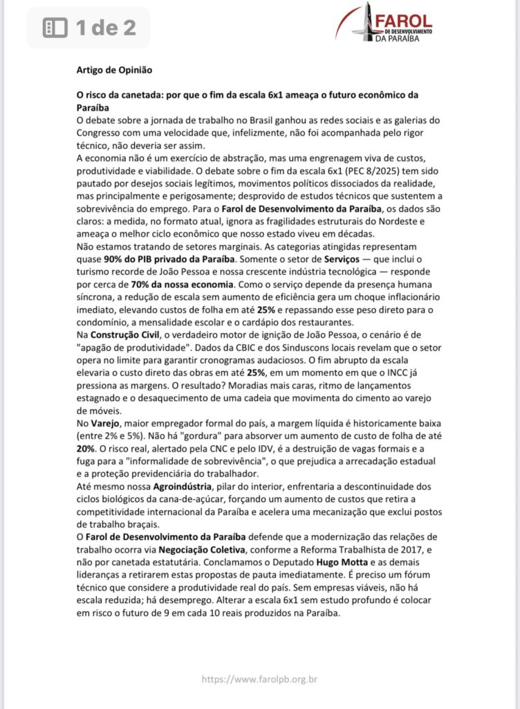 Artigo de Opinião do Farol de Desenvolvimento da Paraíba